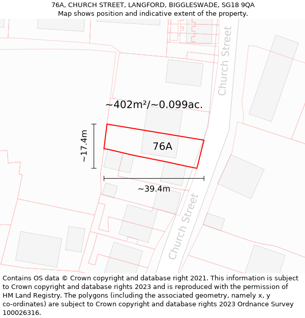 76A, CHURCH STREET, LANGFORD, BIGGLESWADE, SG18 9QA: Plot and title map