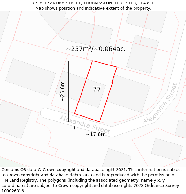 77, ALEXANDRA STREET, THURMASTON, LEICESTER, LE4 8FE: Plot and title map