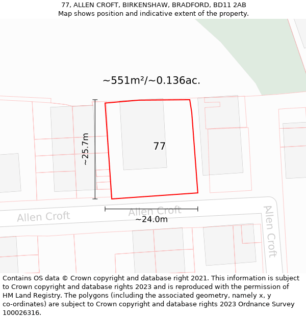 77, ALLEN CROFT, BIRKENSHAW, BRADFORD, BD11 2AB: Plot and title map