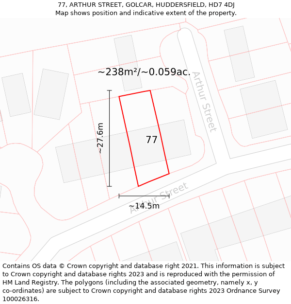 77, ARTHUR STREET, GOLCAR, HUDDERSFIELD, HD7 4DJ: Plot and title map