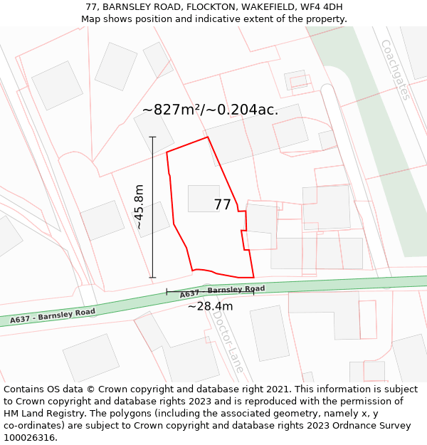 77, BARNSLEY ROAD, FLOCKTON, WAKEFIELD, WF4 4DH: Plot and title map