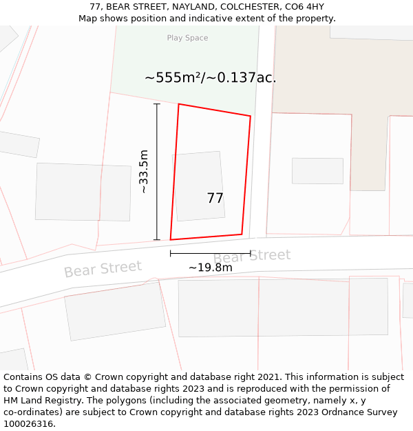 77, BEAR STREET, NAYLAND, COLCHESTER, CO6 4HY: Plot and title map