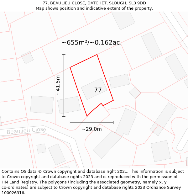 77, BEAULIEU CLOSE, DATCHET, SLOUGH, SL3 9DD: Plot and title map