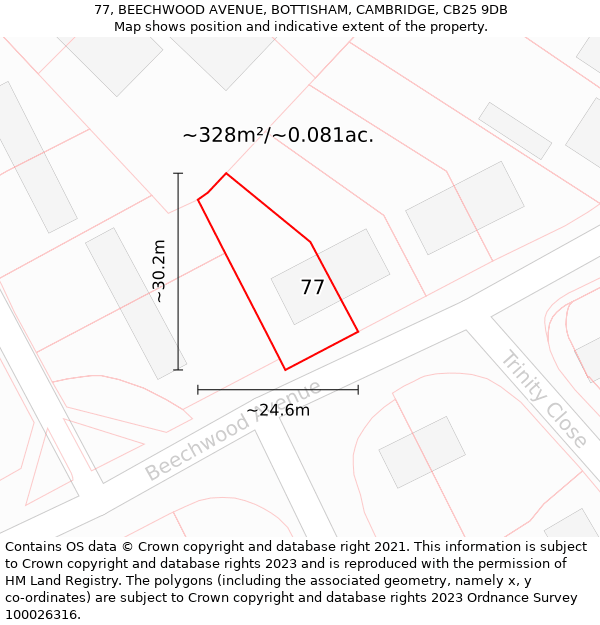 77, BEECHWOOD AVENUE, BOTTISHAM, CAMBRIDGE, CB25 9DB: Plot and title map