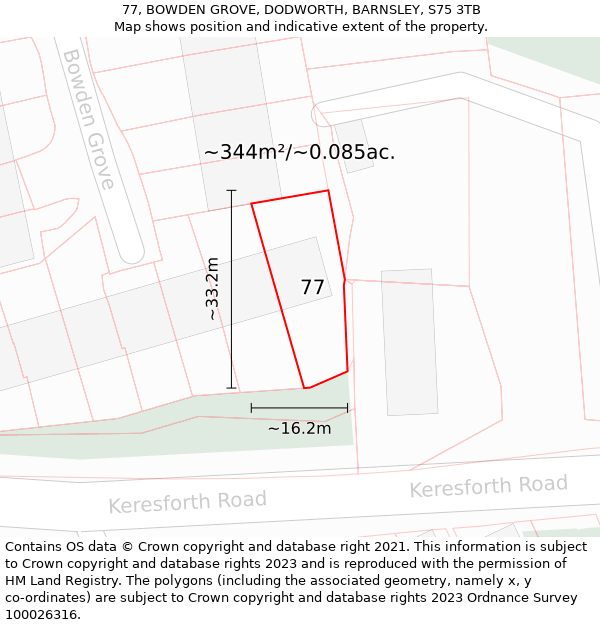 77, BOWDEN GROVE, DODWORTH, BARNSLEY, S75 3TB: Plot and title map