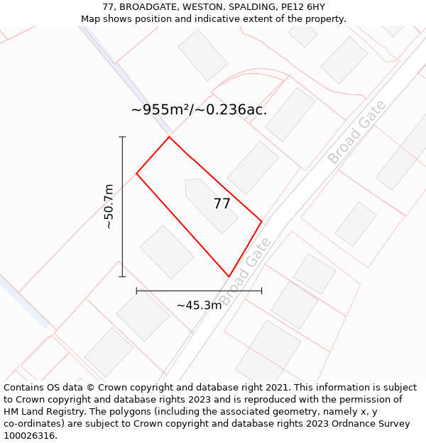 77, BROADGATE, WESTON, SPALDING, PE12 6HY: Plot and title map