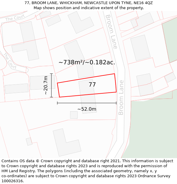 77, BROOM LANE, WHICKHAM, NEWCASTLE UPON TYNE, NE16 4QZ: Plot and title map