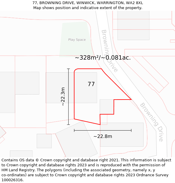 77, BROWNING DRIVE, WINWICK, WARRINGTON, WA2 8XL: Plot and title map