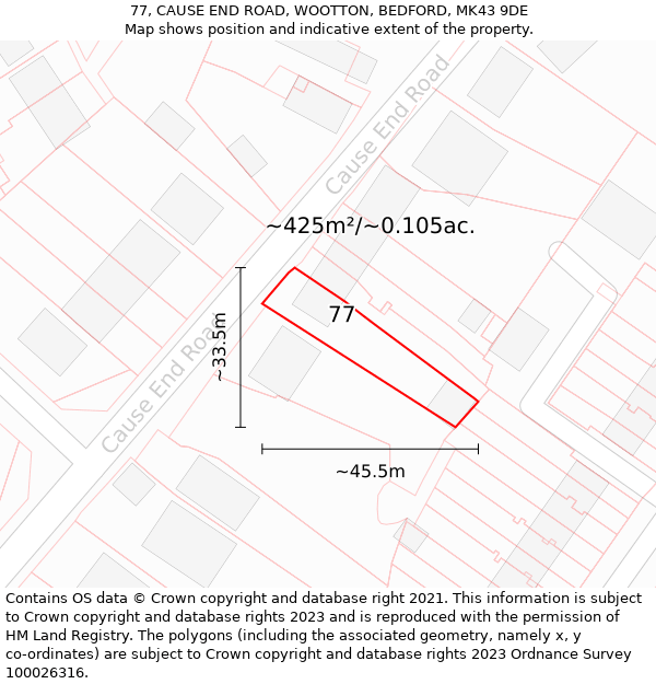 77, CAUSE END ROAD, WOOTTON, BEDFORD, MK43 9DE: Plot and title map