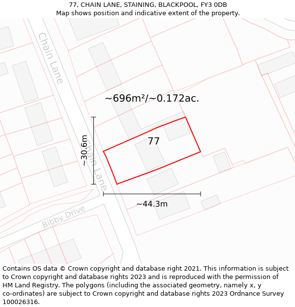 77, CHAIN LANE, STAINING, BLACKPOOL, FY3 0DB: Plot and title map