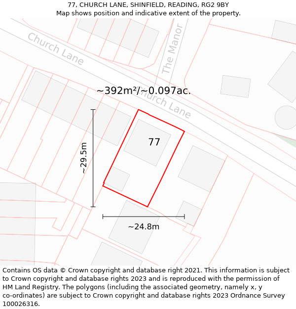 77, CHURCH LANE, SHINFIELD, READING, RG2 9BY: Plot and title map