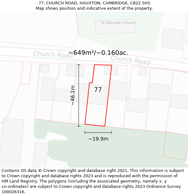 77, CHURCH ROAD, HAUXTON, CAMBRIDGE, CB22 5HS: Plot and title map