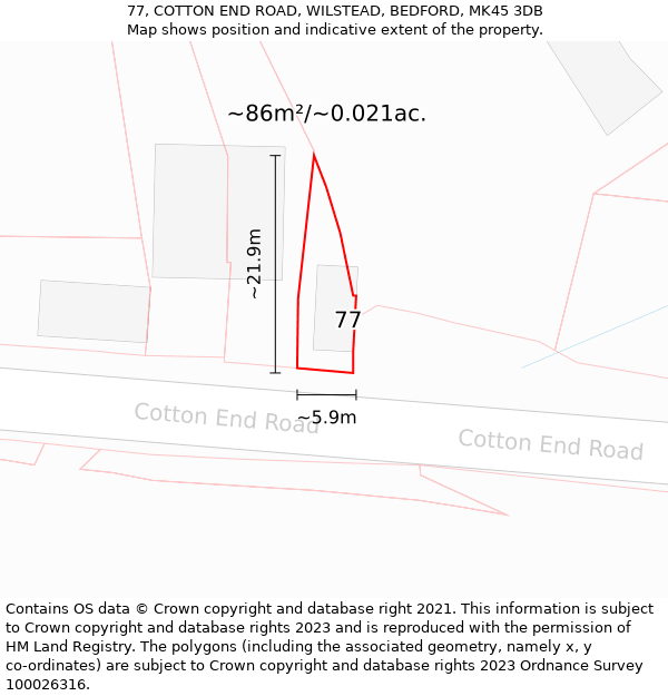 77, COTTON END ROAD, WILSTEAD, BEDFORD, MK45 3DB: Plot and title map