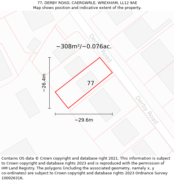 77, DERBY ROAD, CAERGWRLE, WREXHAM, LL12 9AE: Plot and title map