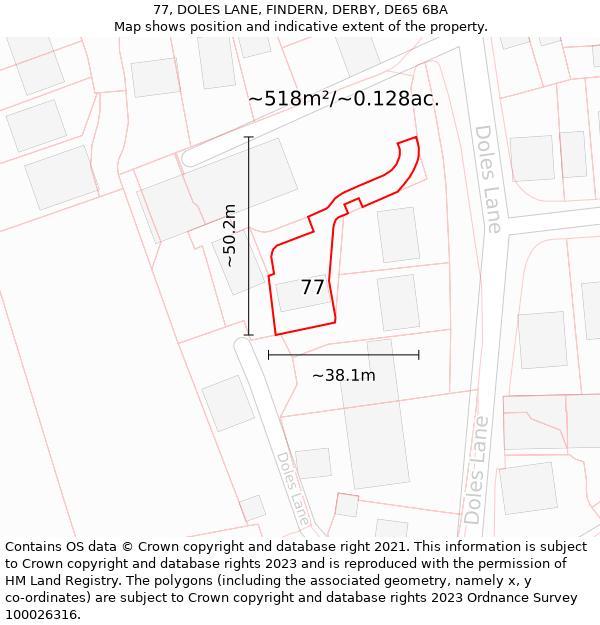 77, DOLES LANE, FINDERN, DERBY, DE65 6BA: Plot and title map