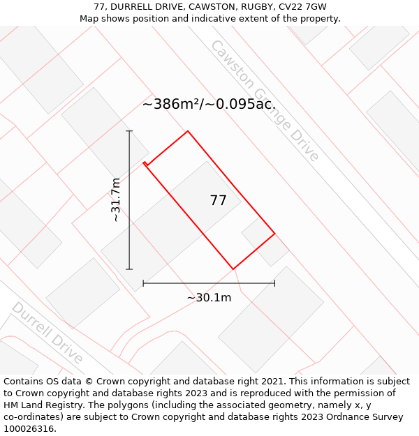 77, DURRELL DRIVE, CAWSTON, RUGBY, CV22 7GW: Plot and title map