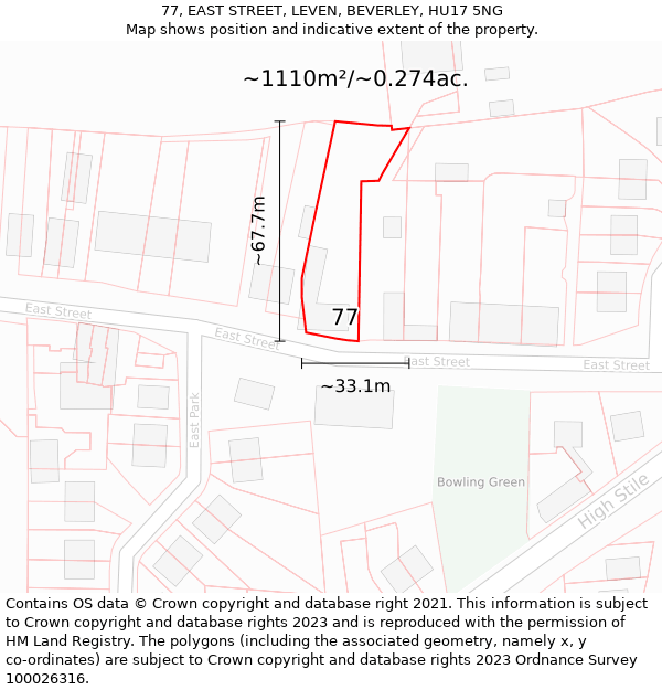 77, EAST STREET, LEVEN, BEVERLEY, HU17 5NG: Plot and title map