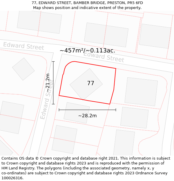77, EDWARD STREET, BAMBER BRIDGE, PRESTON, PR5 6FD: Plot and title map