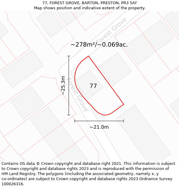 77, FOREST GROVE, BARTON, PRESTON, PR3 5AY: Plot and title map