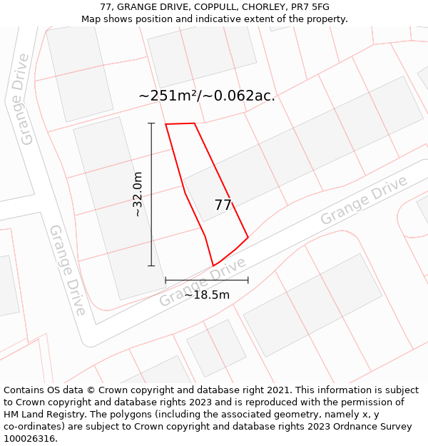 77, GRANGE DRIVE, COPPULL, CHORLEY, PR7 5FG: Plot and title map