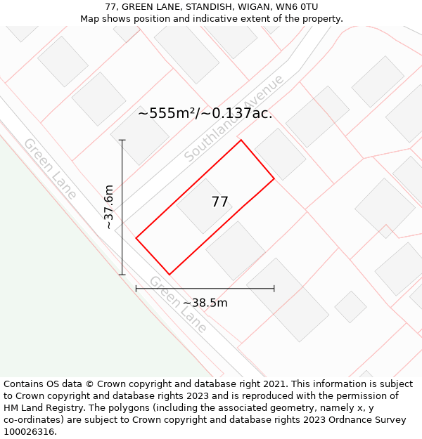 77, GREEN LANE, STANDISH, WIGAN, WN6 0TU: Plot and title map