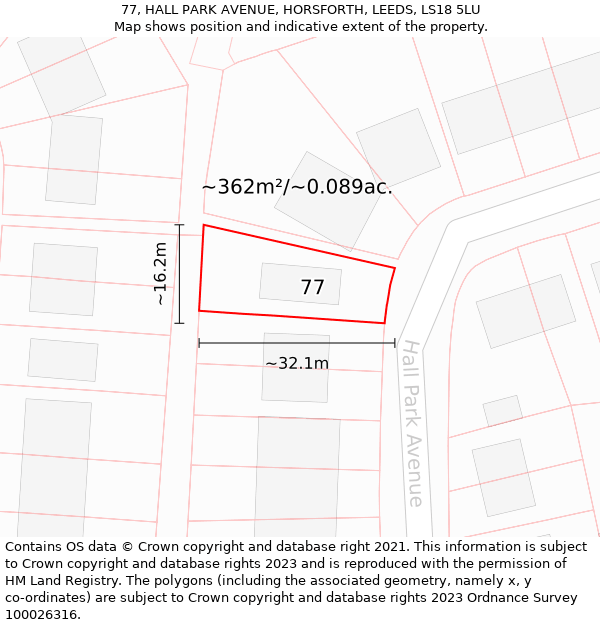 77, HALL PARK AVENUE, HORSFORTH, LEEDS, LS18 5LU: Plot and title map