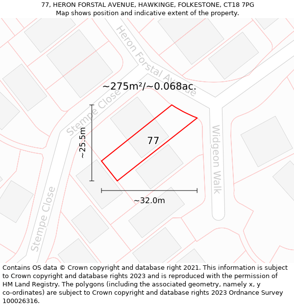 77, HERON FORSTAL AVENUE, HAWKINGE, FOLKESTONE, CT18 7PG: Plot and title map