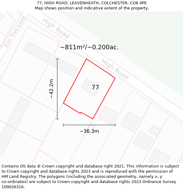 77, HIGH ROAD, LEAVENHEATH, COLCHESTER, CO6 4PE: Plot and title map