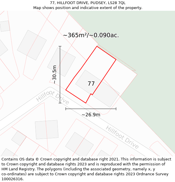 77, HILLFOOT DRIVE, PUDSEY, LS28 7QL: Plot and title map
