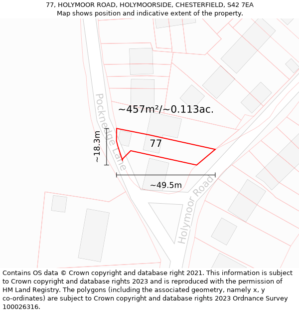 77, HOLYMOOR ROAD, HOLYMOORSIDE, CHESTERFIELD, S42 7EA: Plot and title map