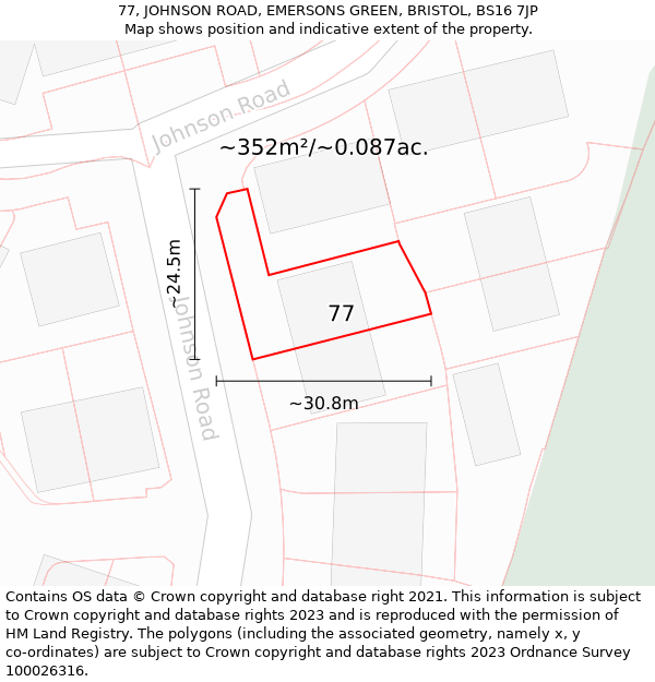 77, JOHNSON ROAD, EMERSONS GREEN, BRISTOL, BS16 7JP: Plot and title map