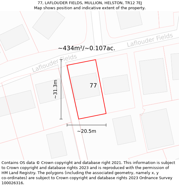 77, LAFLOUDER FIELDS, MULLION, HELSTON, TR12 7EJ: Plot and title map