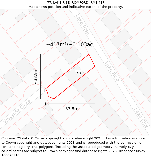 77, LAKE RISE, ROMFORD, RM1 4EF: Plot and title map