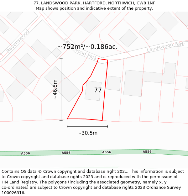 77, LANDSWOOD PARK, HARTFORD, NORTHWICH, CW8 1NF: Plot and title map