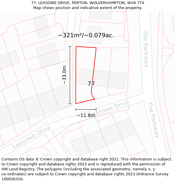 77, LEASOWE DRIVE, PERTON, WOLVERHAMPTON, WV6 7TX: Plot and title map