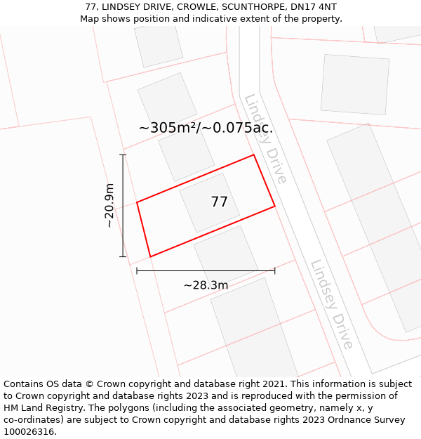 77, LINDSEY DRIVE, CROWLE, SCUNTHORPE, DN17 4NT: Plot and title map