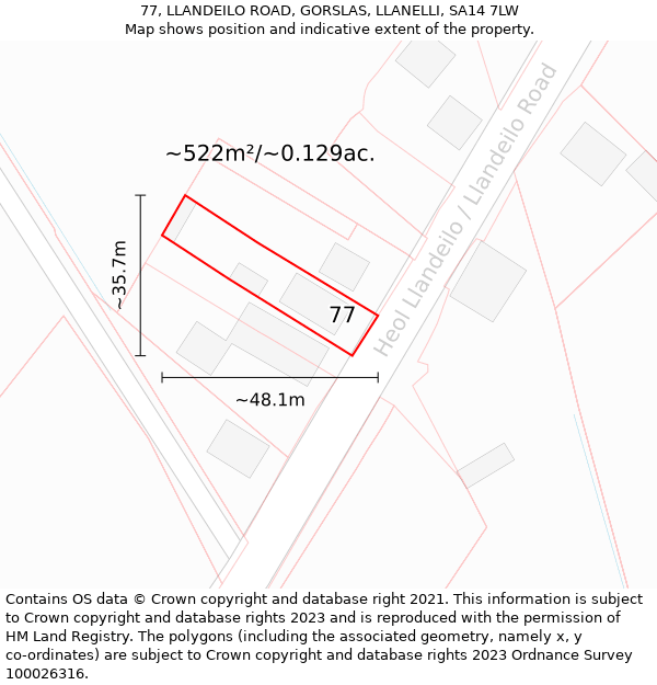 77, LLANDEILO ROAD, GORSLAS, LLANELLI, SA14 7LW: Plot and title map