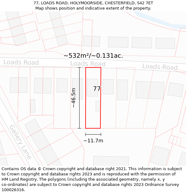 77, LOADS ROAD, HOLYMOORSIDE, CHESTERFIELD, S42 7ET: Plot and title map