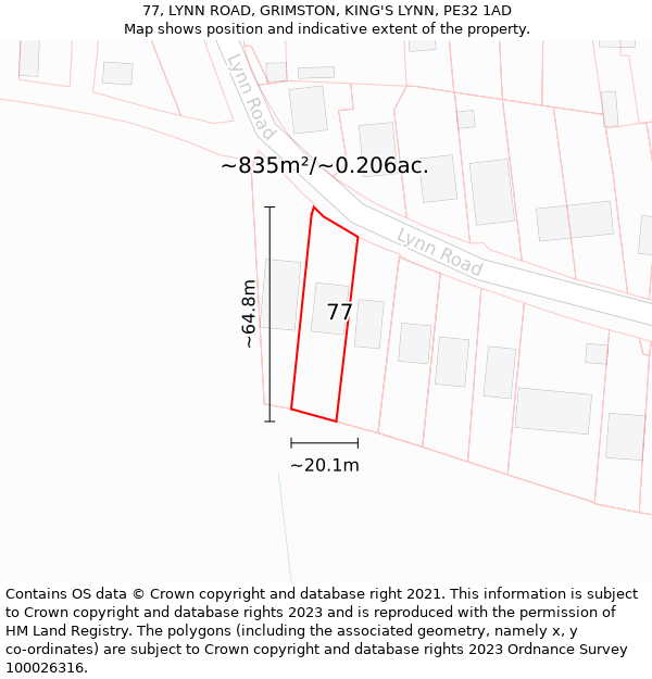 77, LYNN ROAD, GRIMSTON, KING'S LYNN, PE32 1AD: Plot and title map