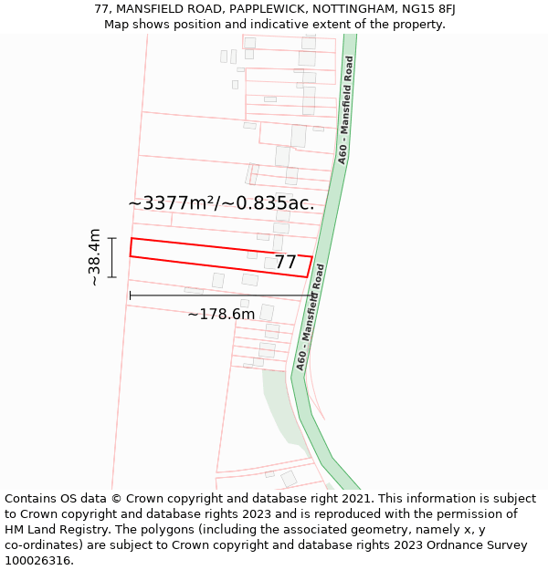 77, MANSFIELD ROAD, PAPPLEWICK, NOTTINGHAM, NG15 8FJ: Plot and title map