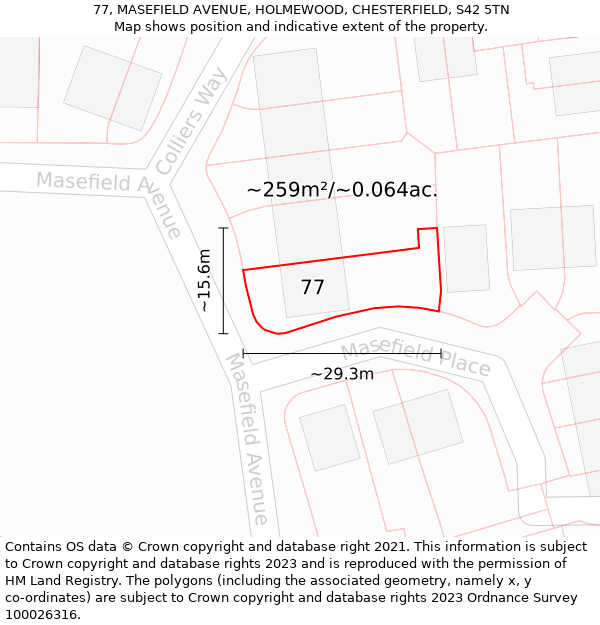 77, MASEFIELD AVENUE, HOLMEWOOD, CHESTERFIELD, S42 5TN: Plot and title map