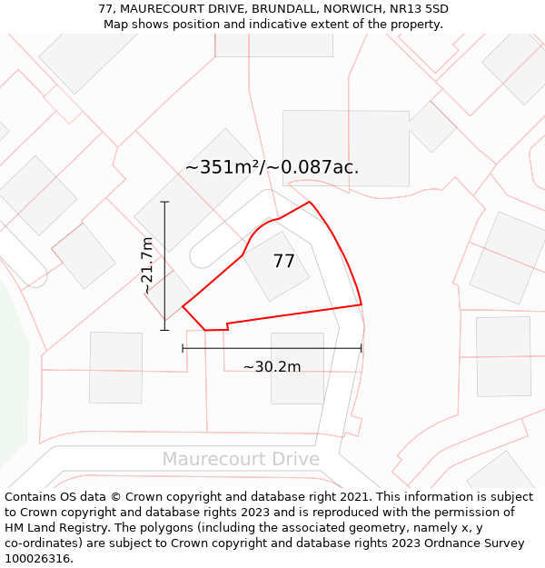 77, MAURECOURT DRIVE, BRUNDALL, NORWICH, NR13 5SD: Plot and title map