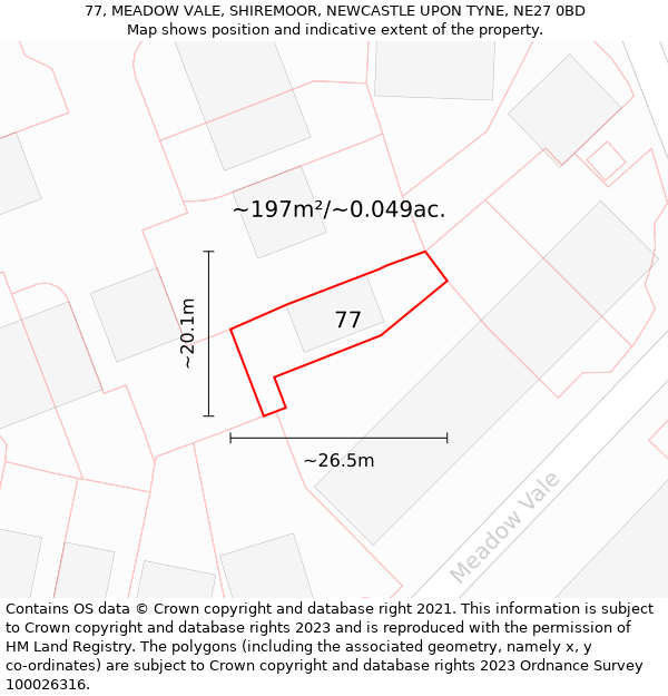 77, MEADOW VALE, SHIREMOOR, NEWCASTLE UPON TYNE, NE27 0BD: Plot and title map