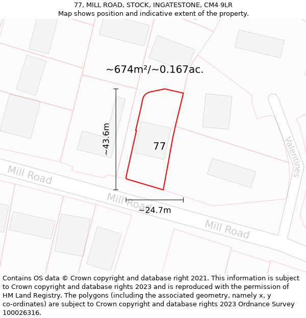 77, MILL ROAD, STOCK, INGATESTONE, CM4 9LR: Plot and title map