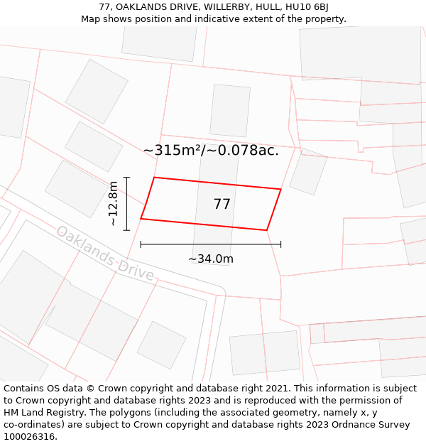 77, OAKLANDS DRIVE, WILLERBY, HULL, HU10 6BJ: Plot and title map
