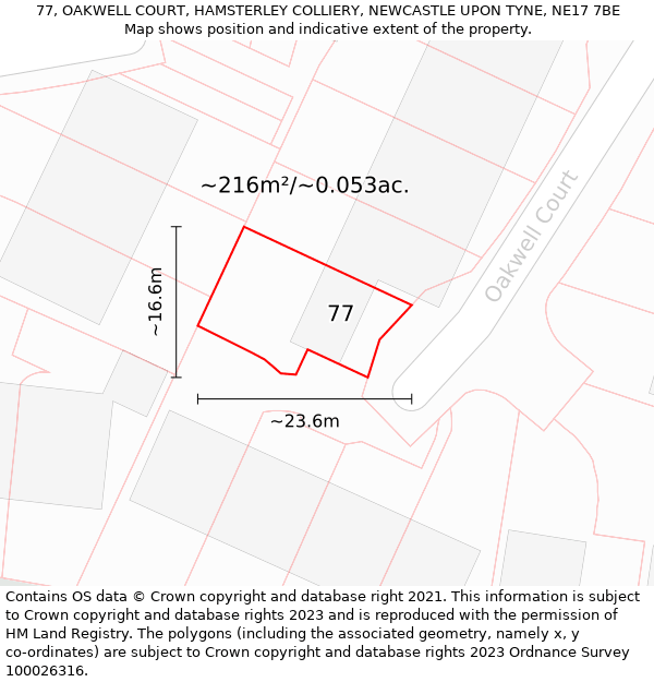 77, OAKWELL COURT, HAMSTERLEY COLLIERY, NEWCASTLE UPON TYNE, NE17 7BE: Plot and title map