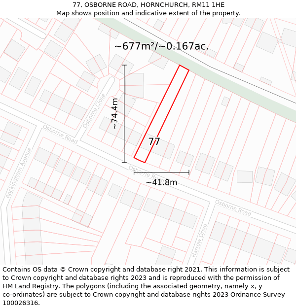 77, OSBORNE ROAD, HORNCHURCH, RM11 1HE: Plot and title map