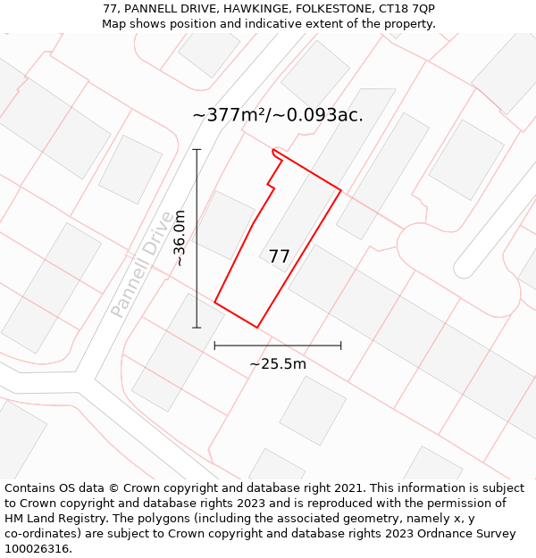 77, PANNELL DRIVE, HAWKINGE, FOLKESTONE, CT18 7QP: Plot and title map