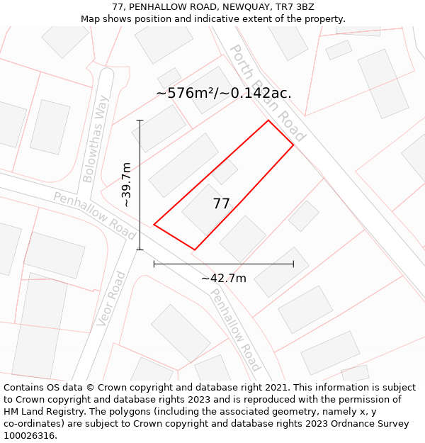 77, PENHALLOW ROAD, NEWQUAY, TR7 3BZ: Plot and title map