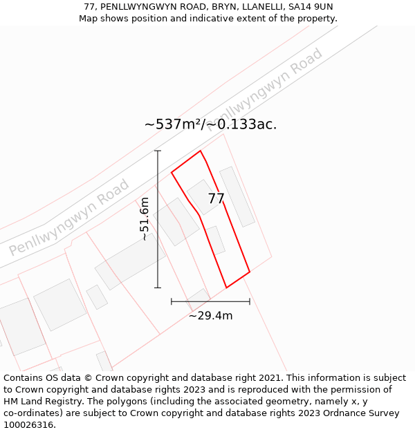 77, PENLLWYNGWYN ROAD, BRYN, LLANELLI, SA14 9UN: Plot and title map